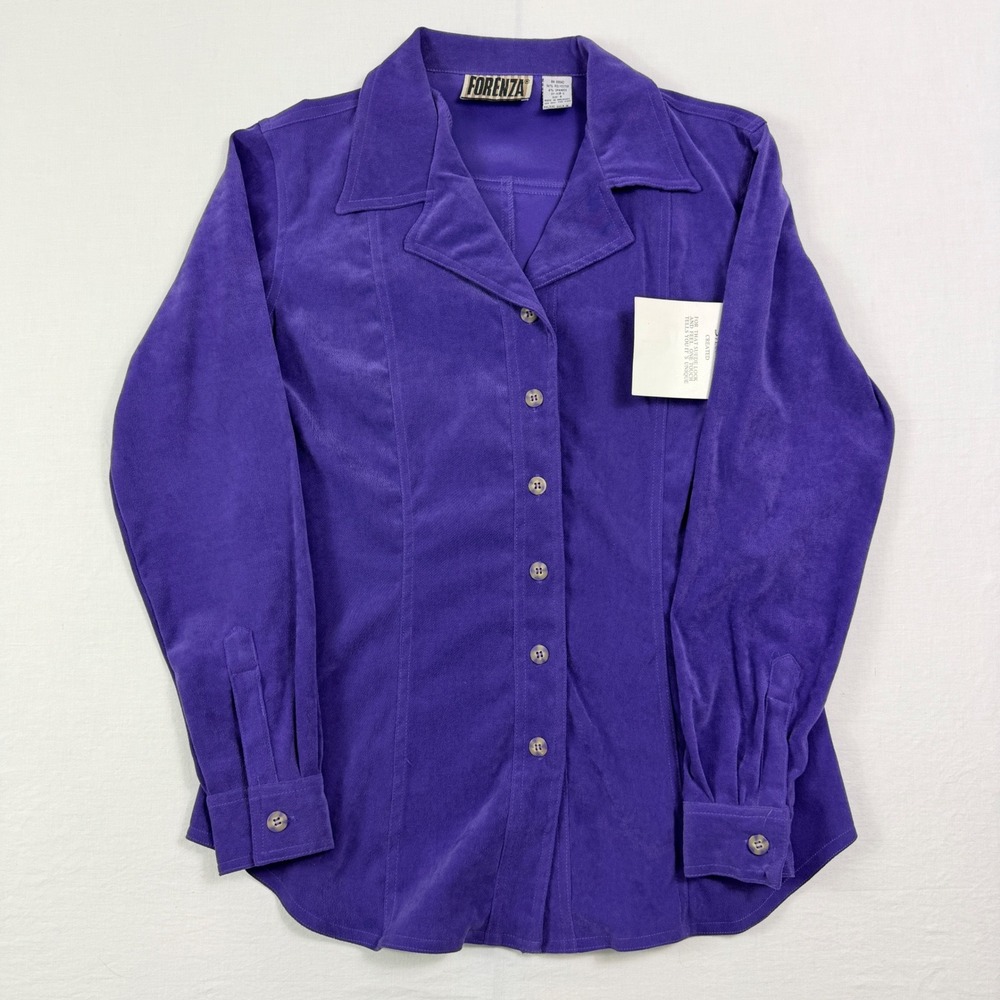 Forenza Blouse Womens 8 Purple Faux Suede Button Front Long Sleeve Stretch Top